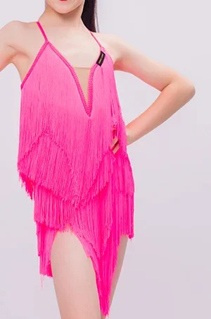 Kids Latin Dance Dress Girls Pink Tassel Suspender Dress Perofrmance Costume Summer Cha Cha Rumba Dance Competition Wear NV19372