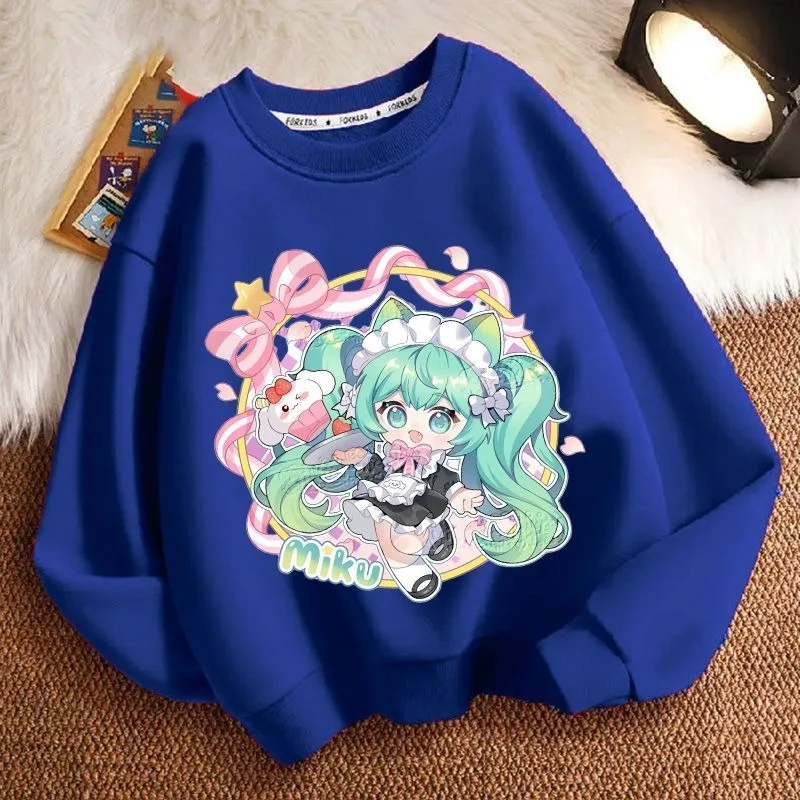 سويت شيرت لطيف برسوم كارتونية من Hatsune Miku، أنيق للنساء، بلوزة فضفاضة غير رسمية برقبة دائرية وأكمام طويلة للخريف