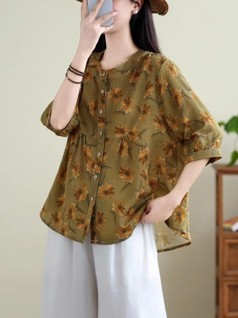 ผ้าฝ้ายลินินเสื้อผู้หญิงฤดูใบไม้ผลิฤดูร้อนแฟชั่นBreathable Healthyแขนสั้นVINTAGEพิมพ์หลวมเสื้อลําลองTops