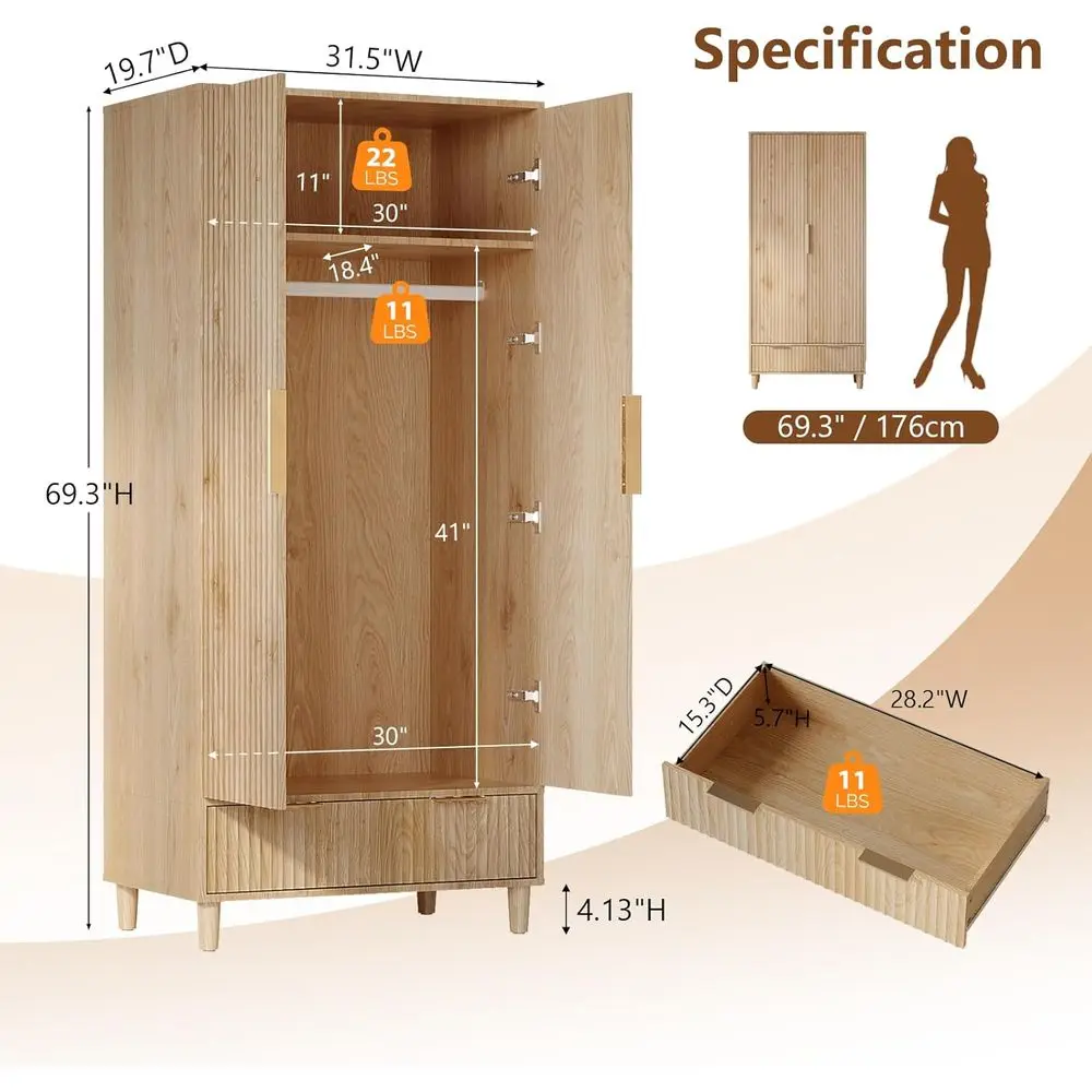Komorebi Japandi Fluted Oak Wardrobe Armoire open door view showing clothing storage