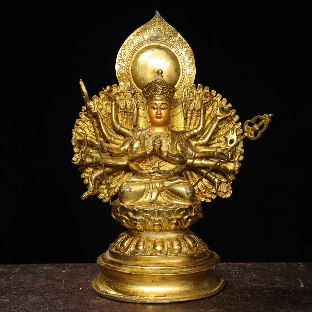 Tibetan Cundi Bodhisattva Thousand Arms Avalokiteshvara Statue Pure Copper Gold Plated Home Altar Figurine