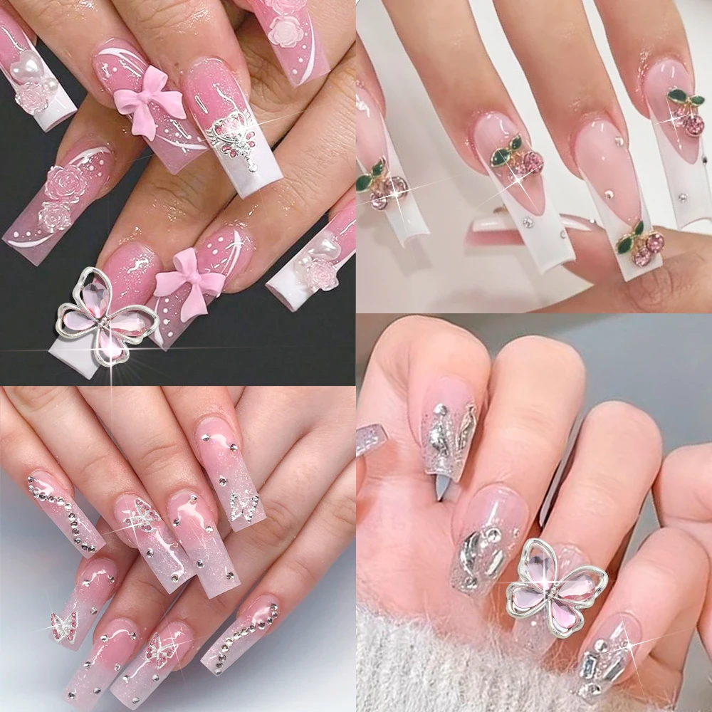 50 Uds. De dijes variados para decoración de uñas con forma de mariposa y diamantes de imitación 3D, lujosa aleación de corazón rosa, diamante/corona de cristal/cruz/lazo