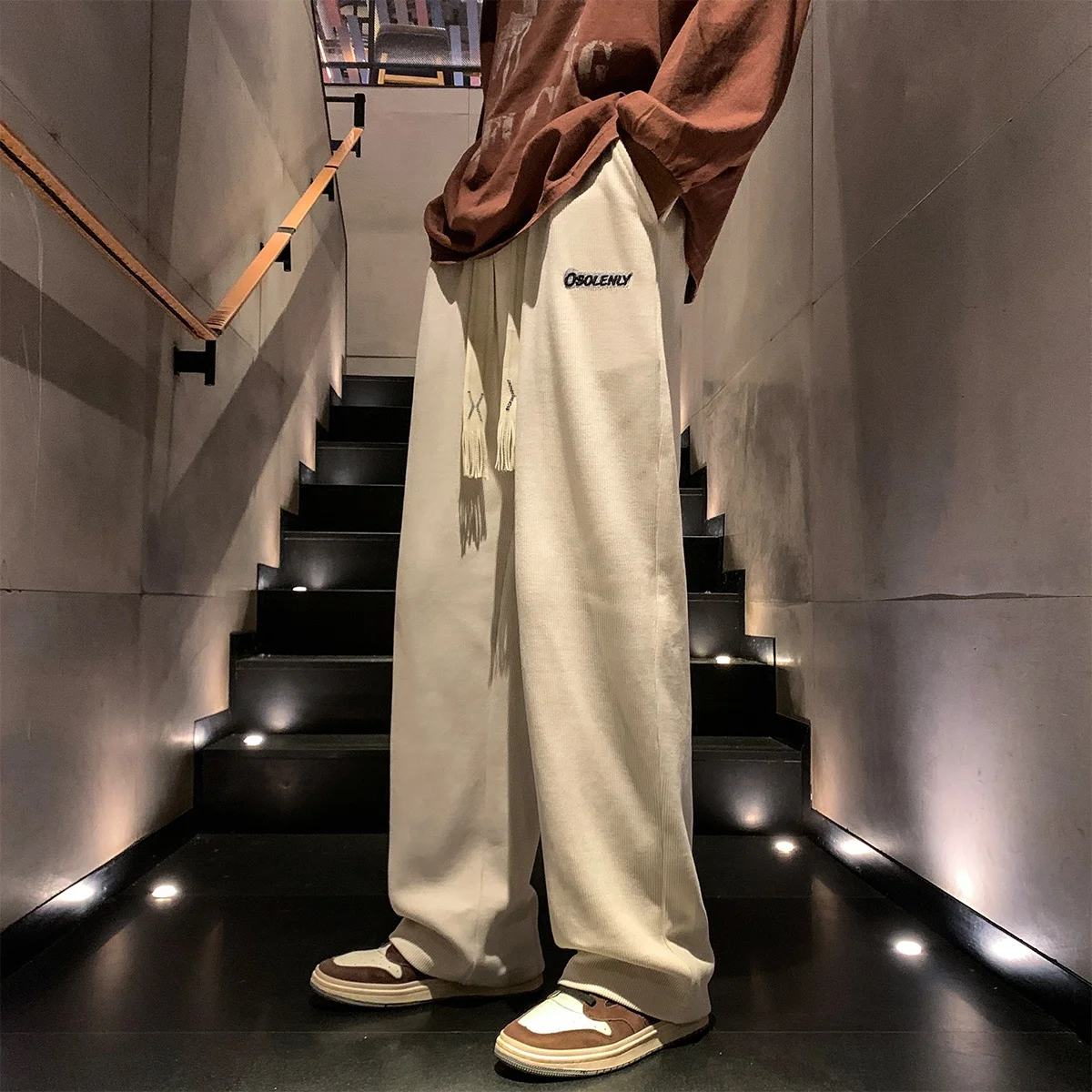 

Loose Men's Sport Pants High Street Wide Leg Spring Autumn Sle Anti-Wrinkle Casual Trousers Straight Cut Faionable Youth