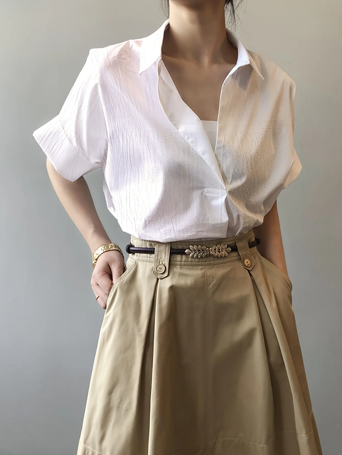 Korean V-neck pullover loose solid color shirt bat sleeve top for women