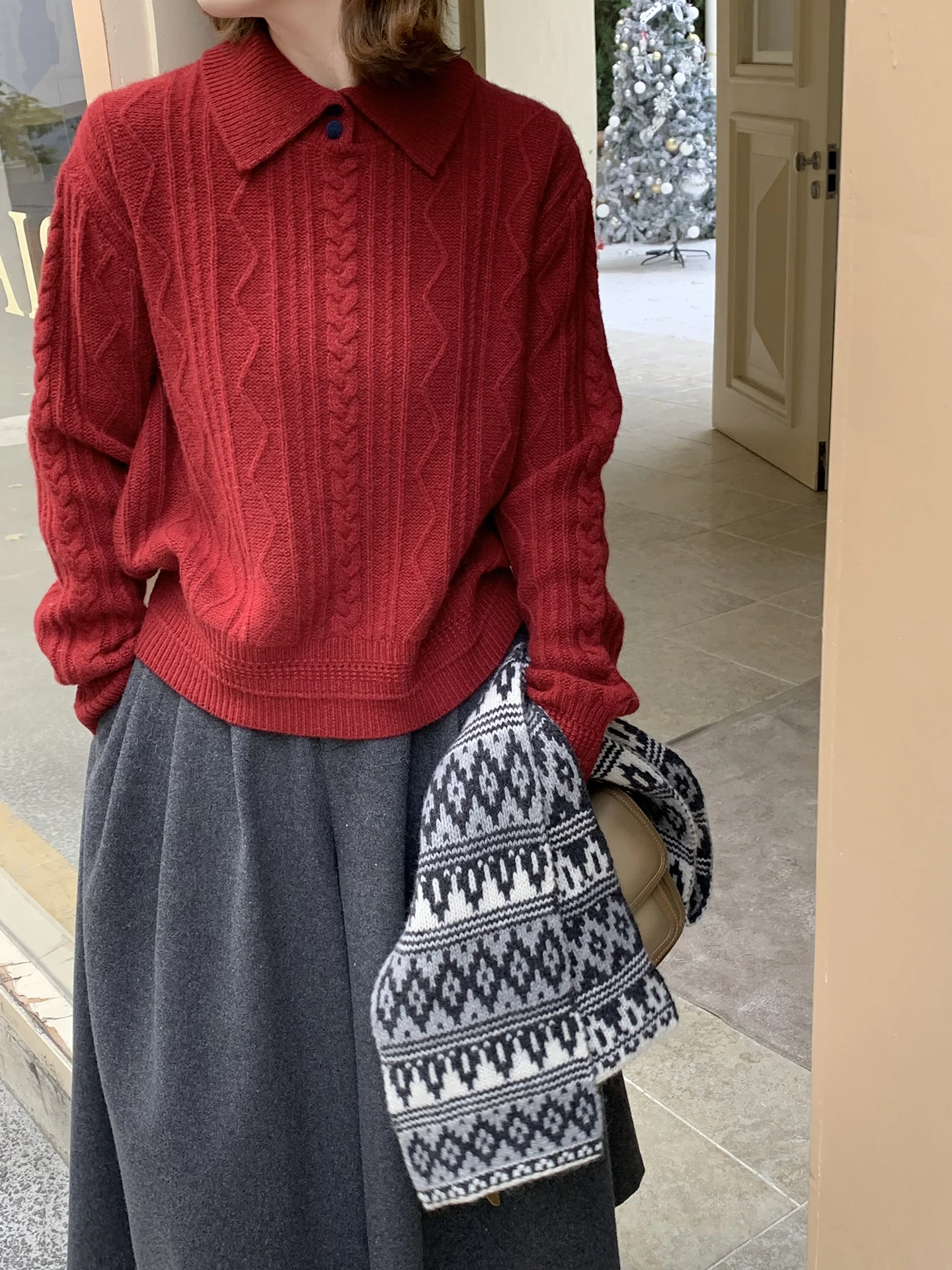 

ELINSU Винтажный льняной вязаный джемпер с воротником для женщин, свободный, теплый, с длинным рукавом, для повседневной носки, осенне-зимняя мода