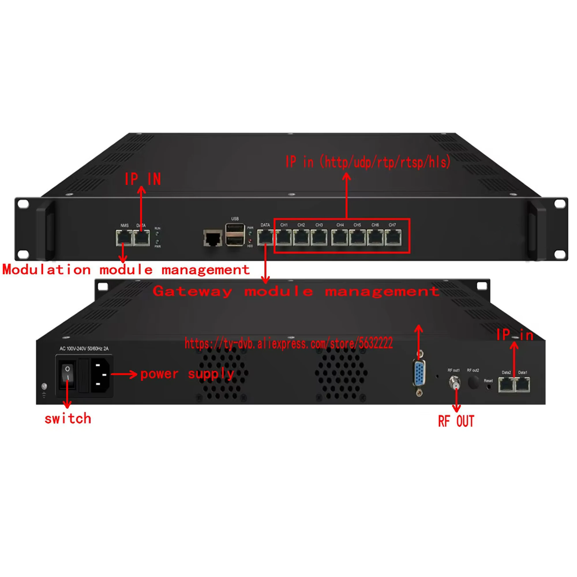 IPTV Streaming Modulator IP (HTTP/RTSP/RTP/UDP/HLS) to Digital RF (DVB-C/T/ISDBT/ATSC) Hotel Cable Front-End Equipment