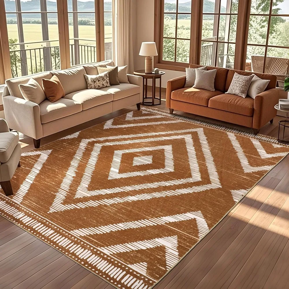 

Boho Washable Area Rugs 6x9ft, Moroccan Soft Brown Living Room Nursery Rugs Non Slip, Low Pile Large Bedroom Floor Carpets for D
