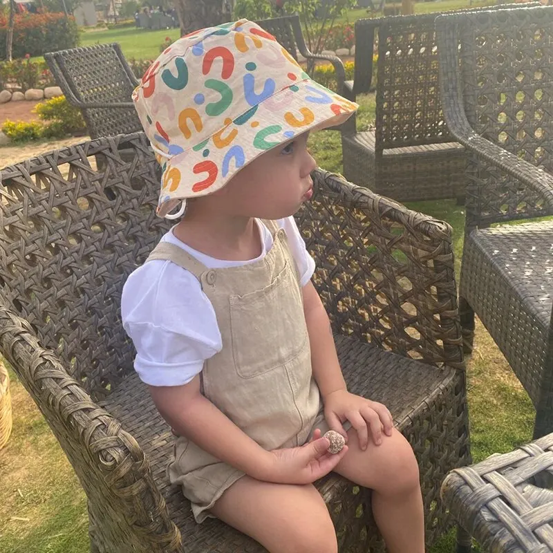 Double Sided Baby Bucket Hat Letter Embroidered Boys Girls Fisherman Cap Spring Summer Outdoor Kids Sun Hat