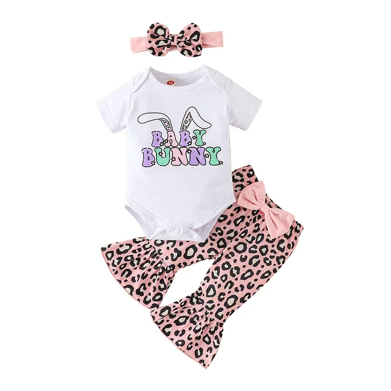 Easter Baby Girls Jumpsuits Set Rabbit Letter Print Short Sleeves Romper and Casual Leopard Print Flared Pants Headband