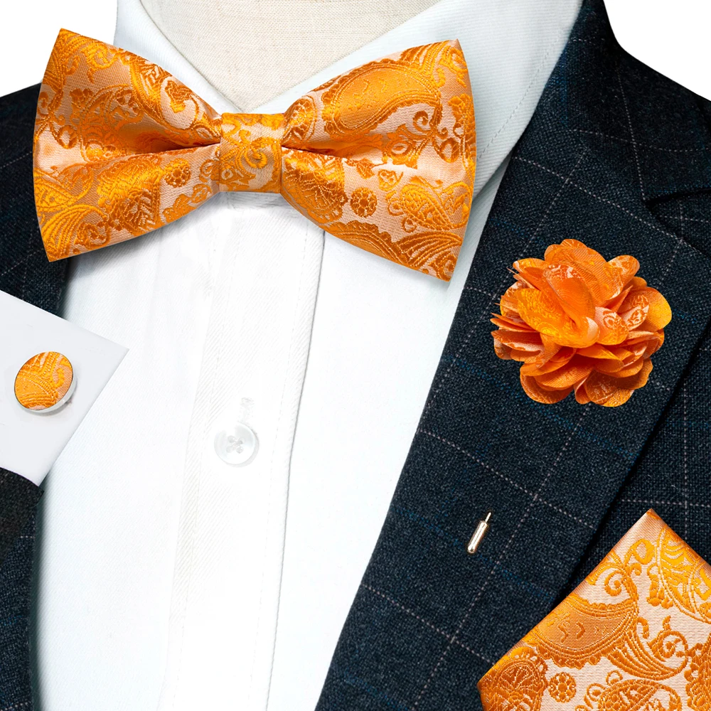 Champagner-Seiden-Jacquard-Paisley-Fliege für Herren, Brosche, Einstecktuch, Manschettenknöpfe-Set, vorgebundene Fliege mit Schmetterlingsknoten für Männer, Hochzeit, Geschäft – Detail 6