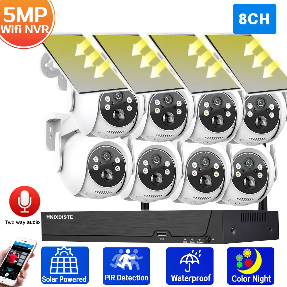 

5MP Solar Wireless CCTV System Colorful Night 2-Way Audio Waterproof PTZ WIFI IP Security Camera 8CH NVR Video Surveillance Kit