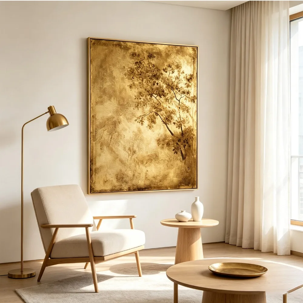 Luxury New Chinese Style Wall Art Gold Leaf Texture Abstract Painting Modern Zen Decor for Hotel Lobby & Living Room Framed