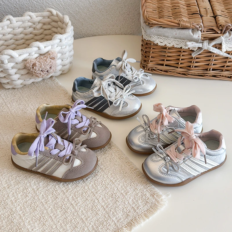 Kids Metallic Silver Stripe Sneakers with Lace-up Design Breathable Upper Non-slip Rubber Sole Casual Shoes for Toddlers
