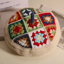 Japanese Crochet Style Beret Women Autumn Hand-knit Ethnic Style Grandmother Checkered Hat Hit Color All-match Warm Painter Hat