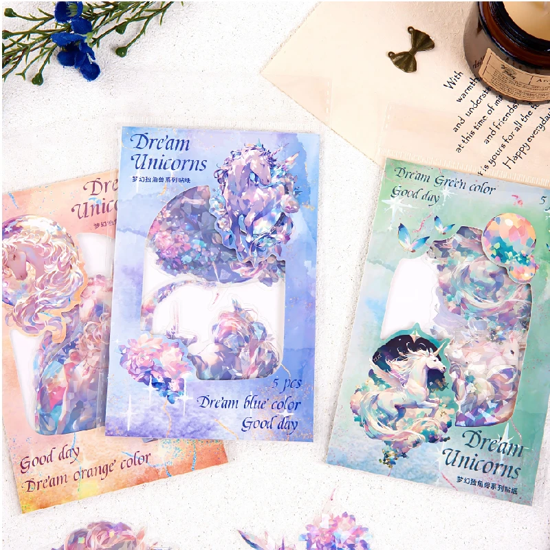 5 Stück Eine Traum-Einhorn-Serie, Muschel, helles PET-Material, DIY-Aufkleber, Junk Journal Supplies, handgefertigtes Scrapbooking-Material