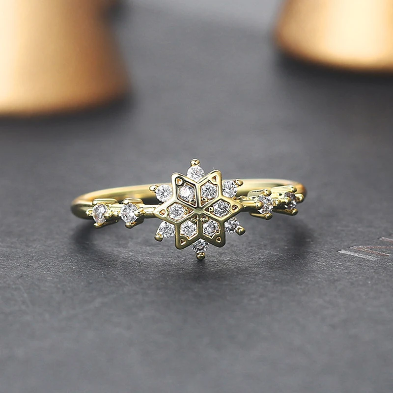 ZHOUYANG Snowflake Rings For Women Korean Cute Zircon Light Gold Color Wedding Ring Wholesale Jewelry Christmas Gift KCR093