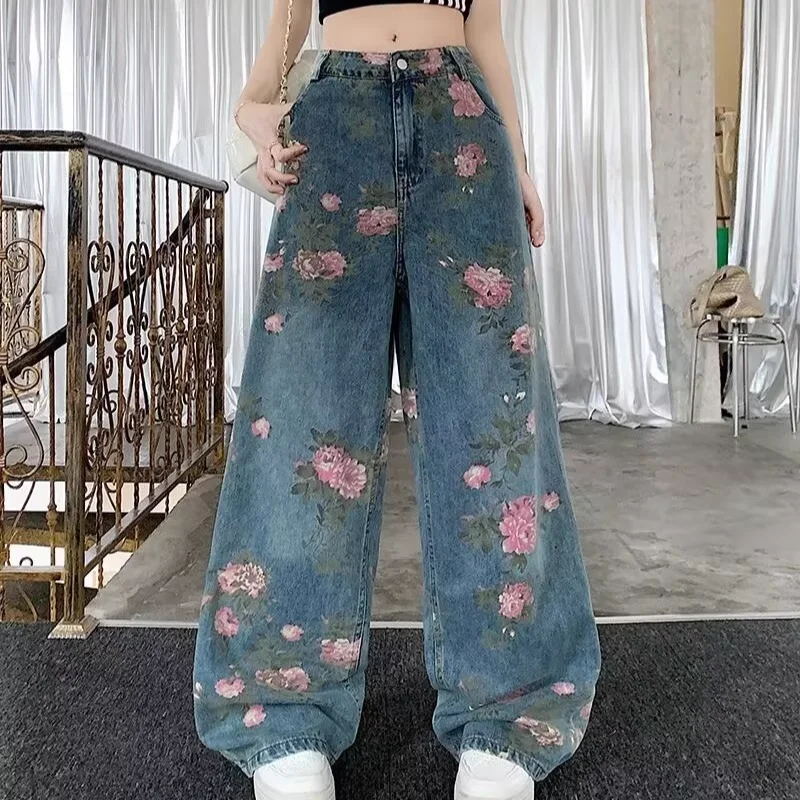 กางเกงยีนส์ลําลองพิมพ์ลายดอกไม้โบราณกางเกงยีนส์ขากว้างสไตล์อินเทรนด์ใหม่