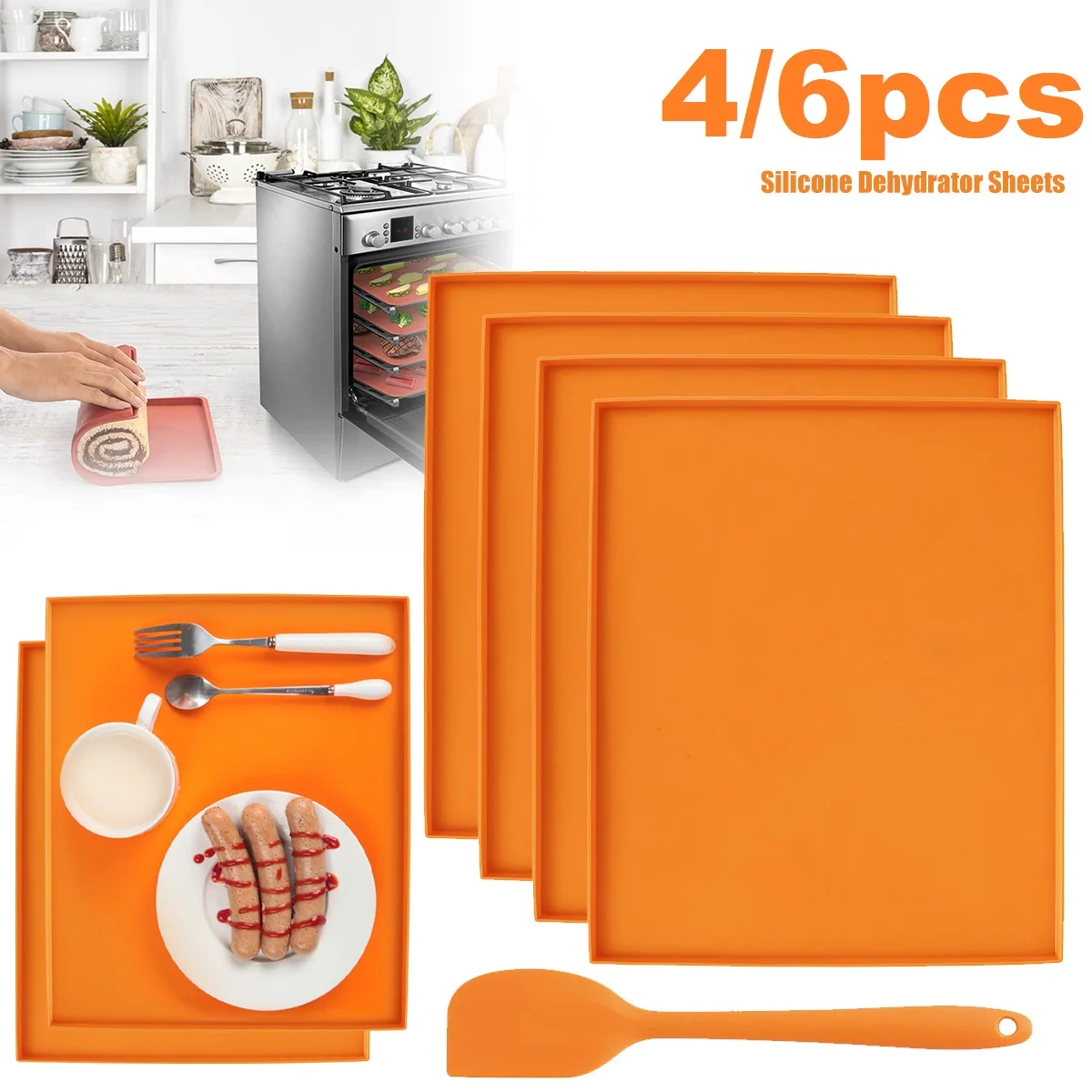 

6/4pc Dehydrator Sheets Fruits Silicone Dehydrator Mats with Scraper Dough Baking Tray Snacks Pastries Dessert Cupcakes Placemat