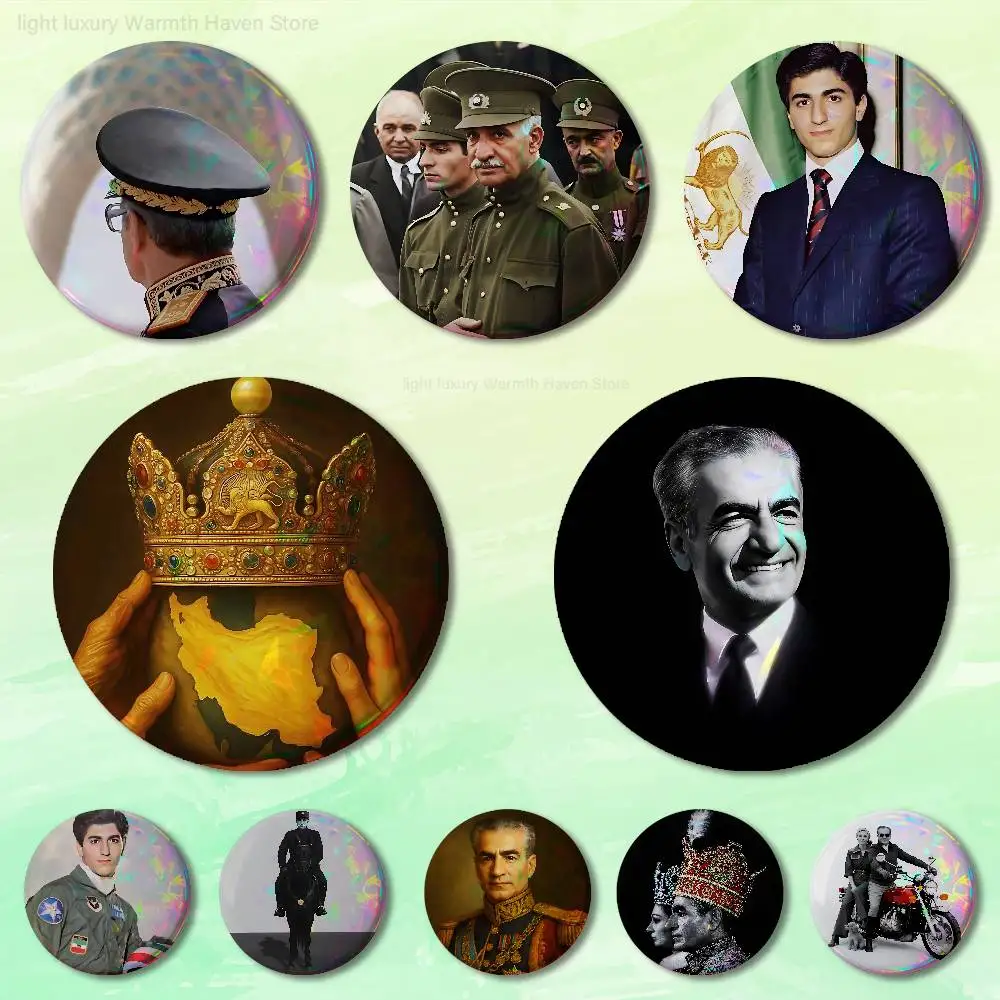 

King Mohammad Reza Shah Pahlavi Iran Custom Badges 75mm 44mm 25mm Brooch Backpack Hat Enamel Pins Accessories Toys Gifts