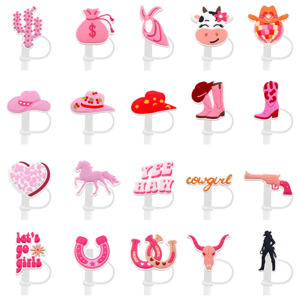 1-20 Pink Cowgirl Silicone Straw Toppers for 10mm,Straw Caps for Glass Cup,with 30&40Oz Tumbler with Handle Dust-Proof Reusable