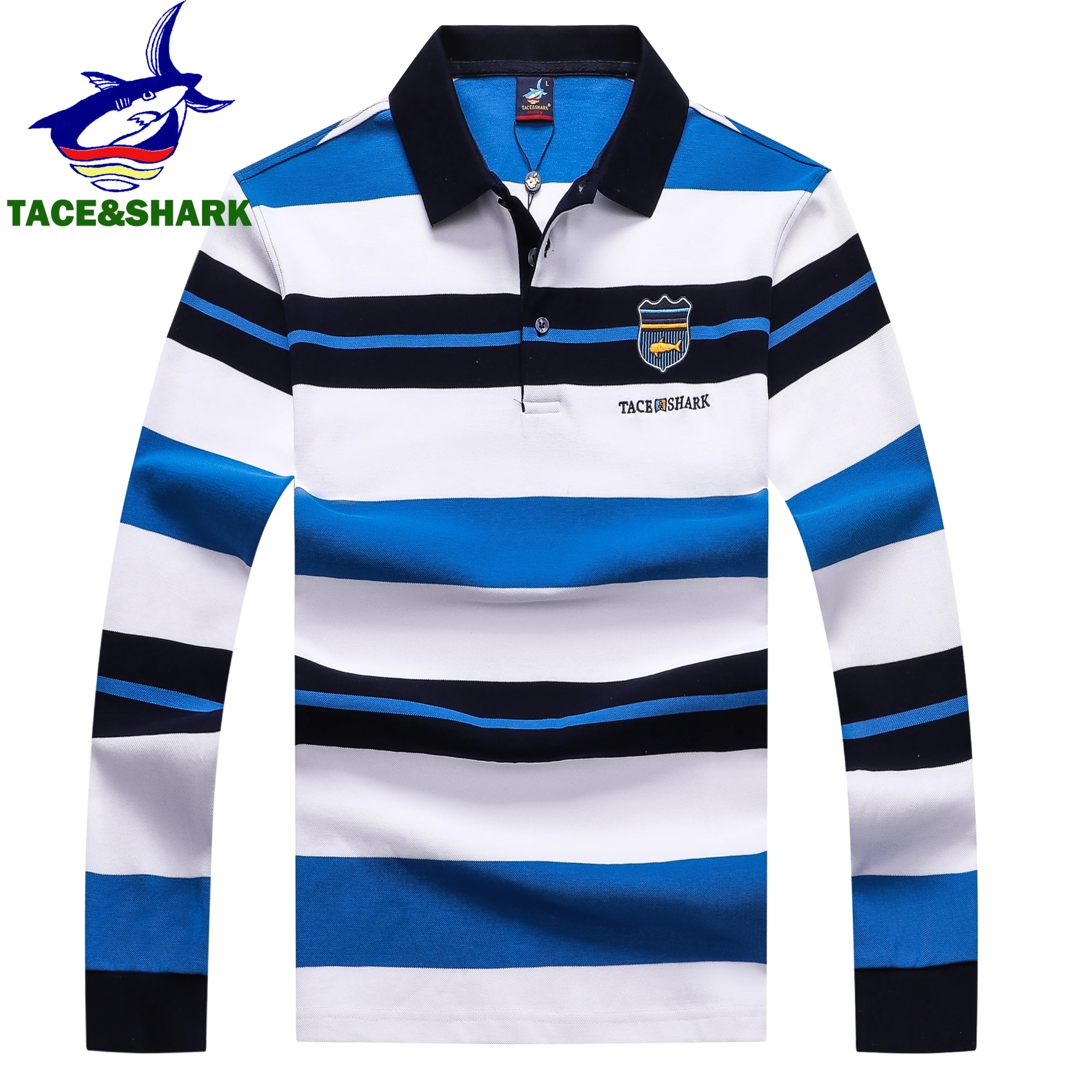 TACE&SHARK Fashion Brand Shark Long Sleeve Polo 2024 Men Stripe Camisa Masculina Casual Business Blue Polo Clothing