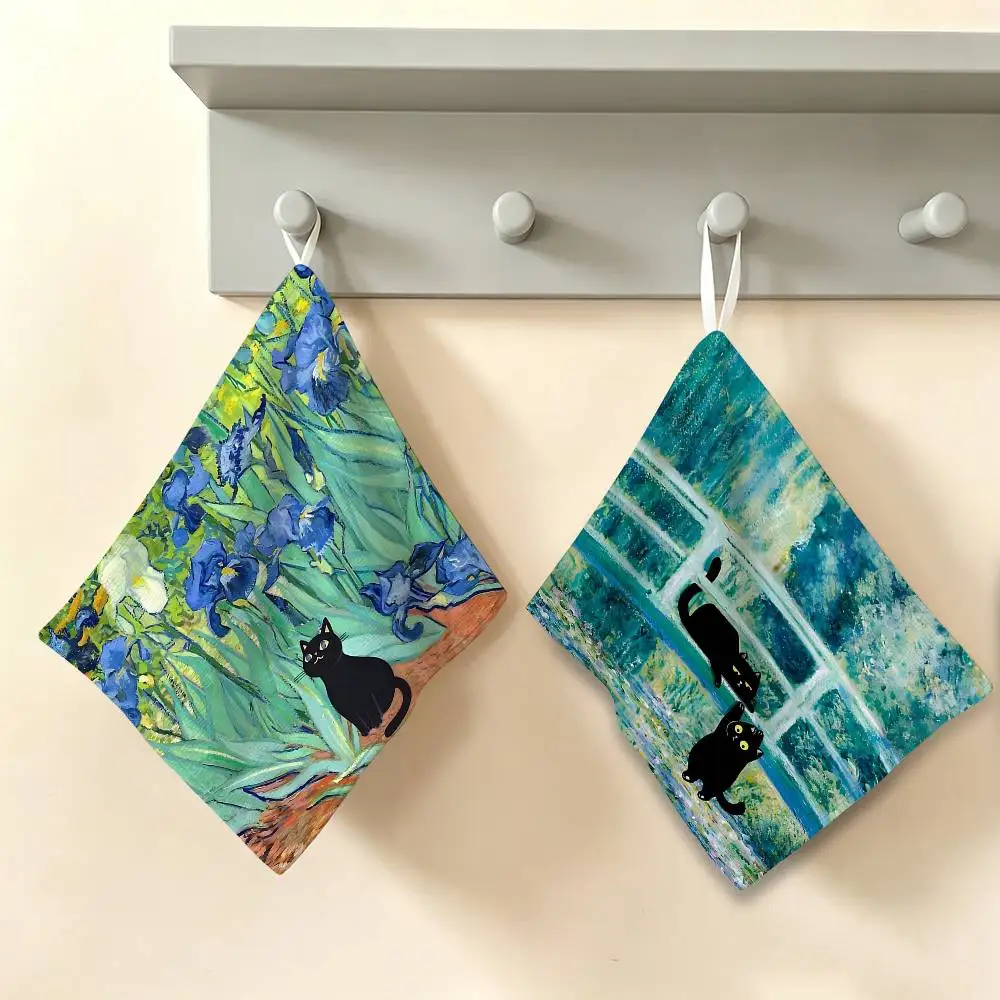 Funny Black Cat Famous Painting Hanging Kitchen Towel, Polyester Cotton Material, Multipurpose Hand Wiping Towel for Family