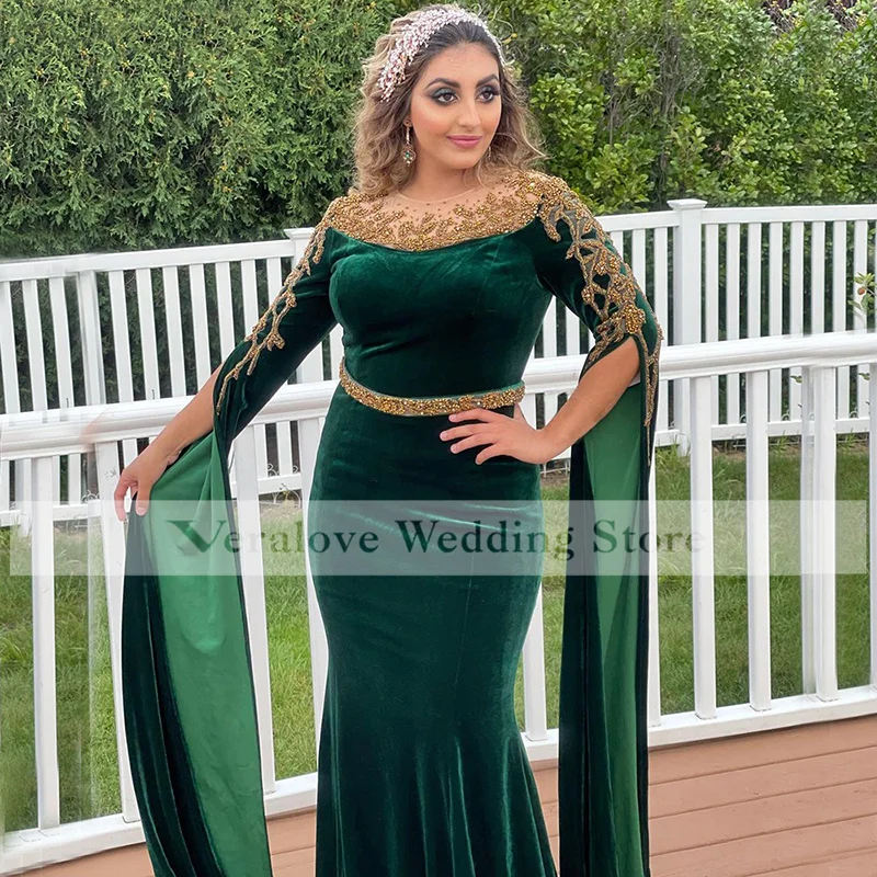 Muçulmano verde vestidos de noite 2021 frisado elegante sereia veludo para árabe saudita feminino festa de formatura vestir vestidos de fiesta