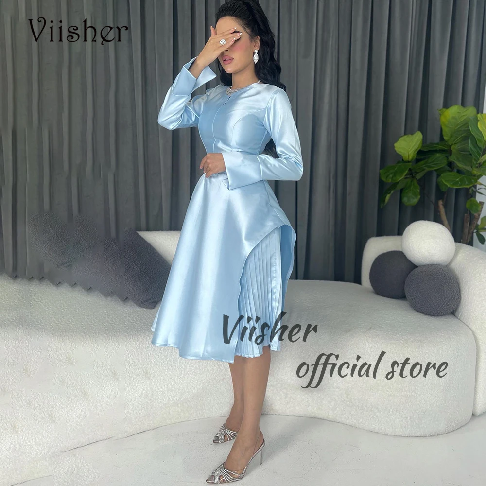 

Viisher Sky Blue Mermaid Evening Prom Dresses Long Sleeve O Neck Formal Occasion Dress Arabian Dubai Prom Party Gown Knee Length