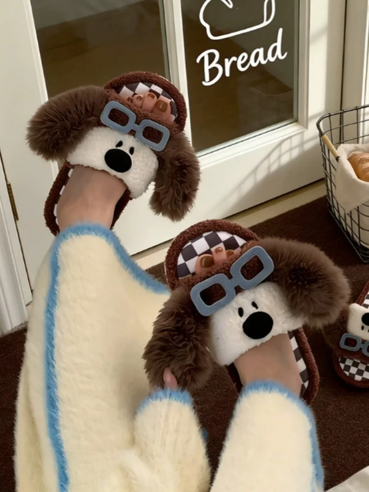 2026 Autumn Winter Couple Furry Slippers Funny Dog With Glasses Print Non Slip Indoor One Band Cotton Slides Ins Style Men Women view 5