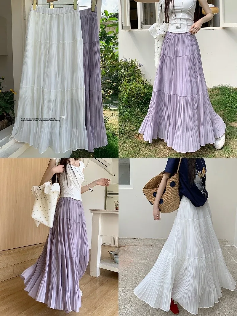 

Нежная ветровая фиолетовая плиссированная юбка-миди трапециевидной формы с высокой талией, женская новая струящаяся юбка на весну и лето, корейская юбка для поездок на работу