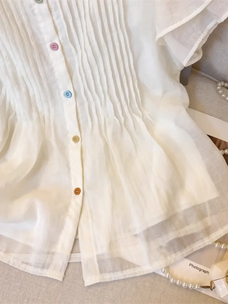 Pink Sweet Pleated Chiffon Shirt Women's Summer Vintage Versatile Doll Shirt Design Sense Pleated Top Full Sleeves round Neck