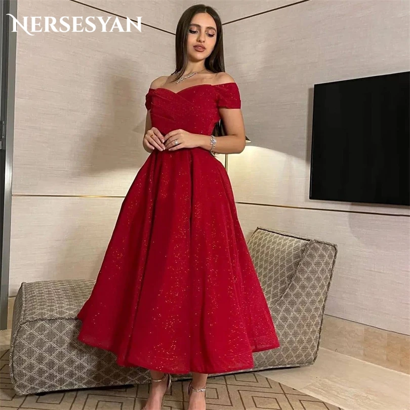 

Nersesyan Glitter Tulle Formal Evening Dresses Draped A Line Off The Shoulder Party Gowns Ankle-Length Vestidos De Fiesta 2023