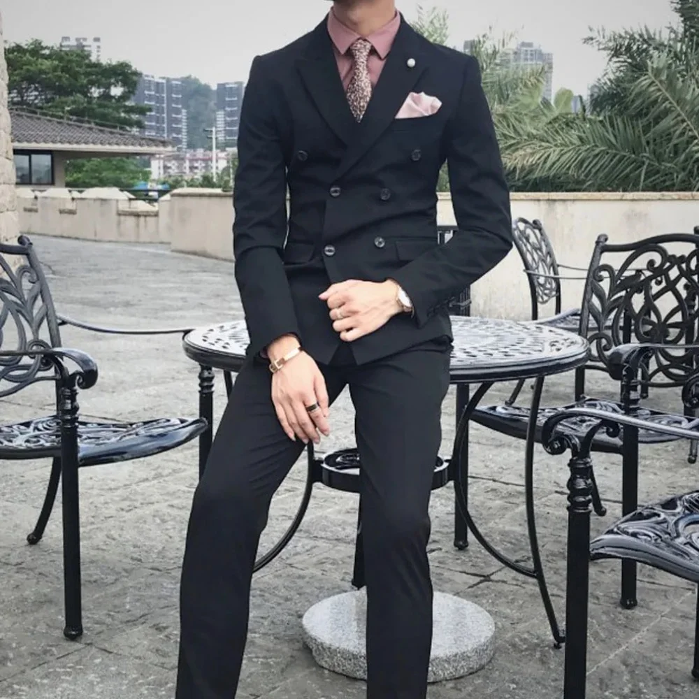 

Men Suit Black 2 Pieces Double Button With Black Lapel For Wedding Groom Business Birthday Banquet Work Suit Jacket And Pants