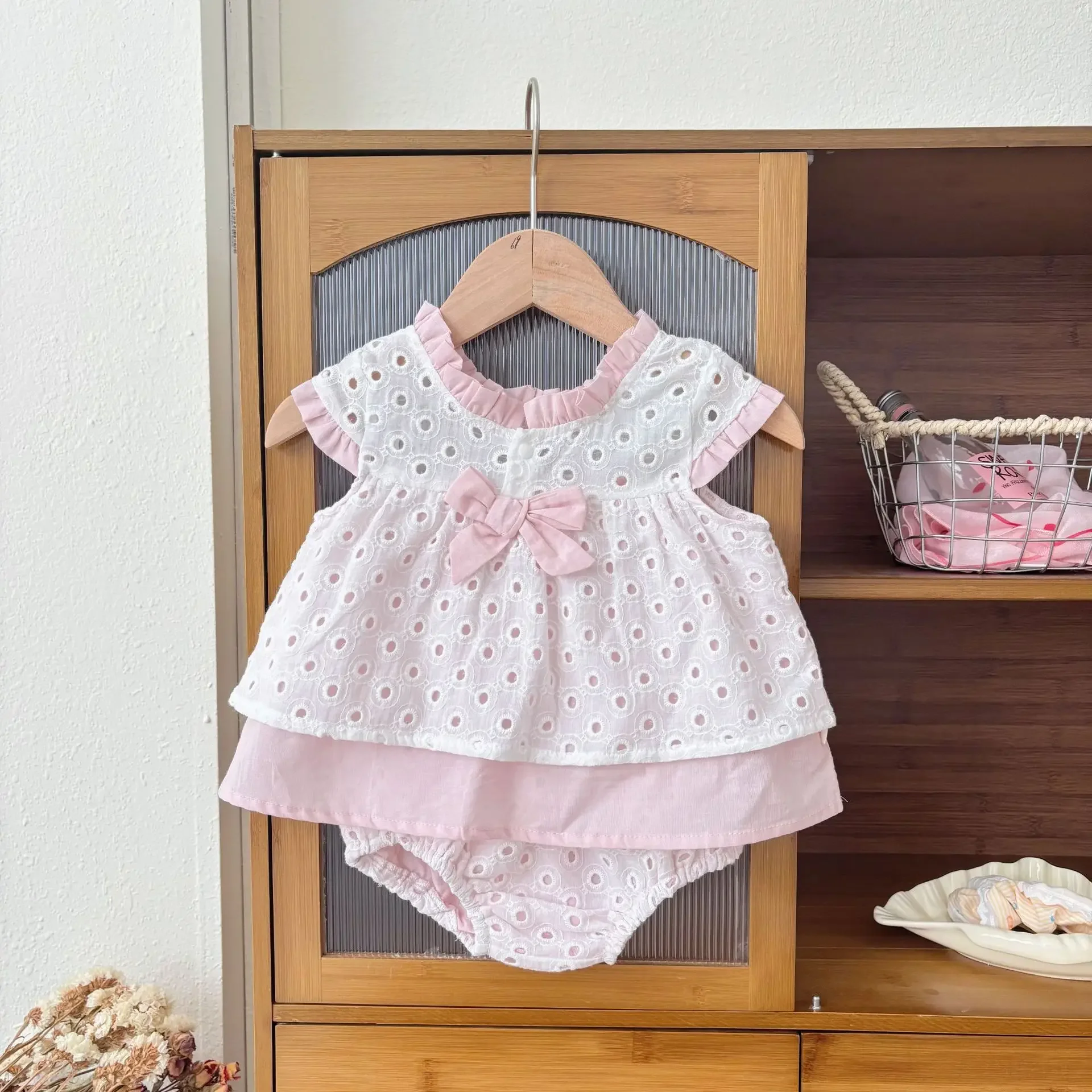 

Summer Newborn Baby Girl Cute Set 0-2Y Korean Style Hollow Out Double Layer Ruffle Bow Top & Shorts Two - Piece Outfit