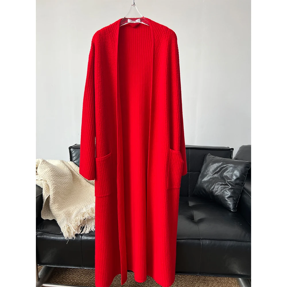 Niche Women\'s 2024 Autumn and Winter Retro Lazy Style Red Cashmere Long-sleeved Knitted Cardigan With Knee-length Coat