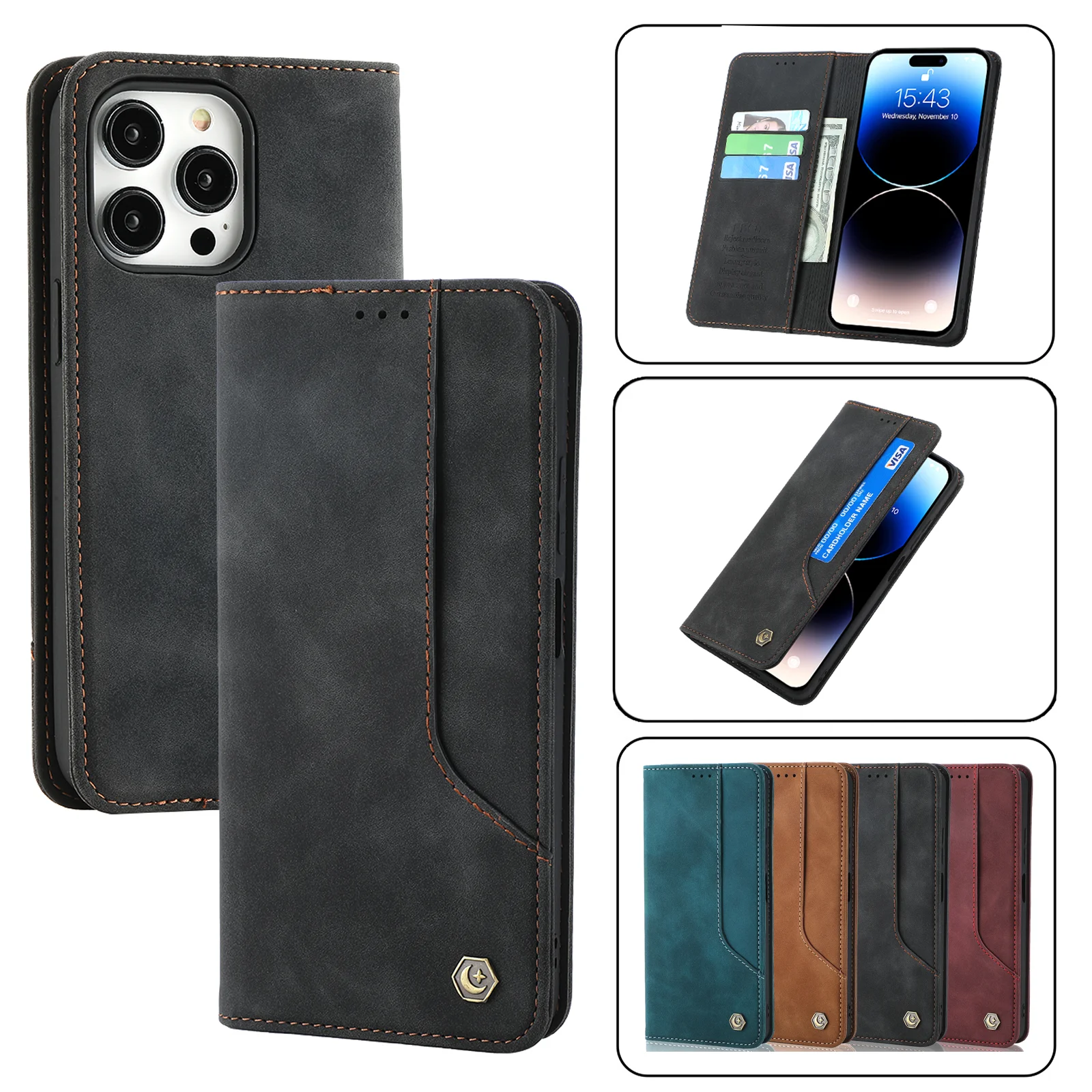 Business Leather Case for iPhone 16 15 14 13 12 11 Pro Max XR XS X 8 7 Plus SE Magnetic Flip Wallet Card Slot Phone Cover