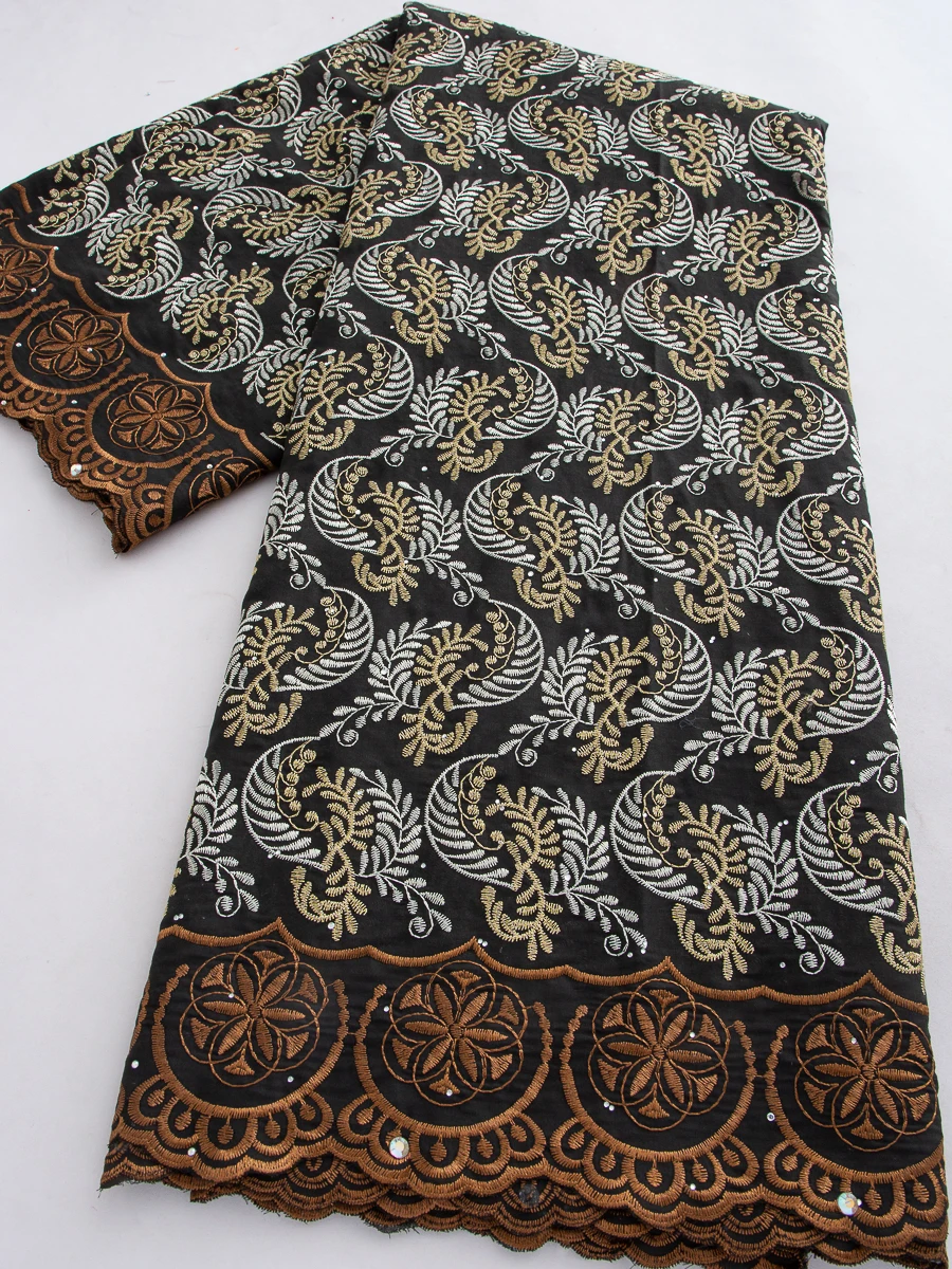 

Роскошная черно-золотисто-серебристая хлопковая кружевная ткань с цветочной вышивкой – швейцарское кружево-вуаль для африканских свадебных и праздничных платьев