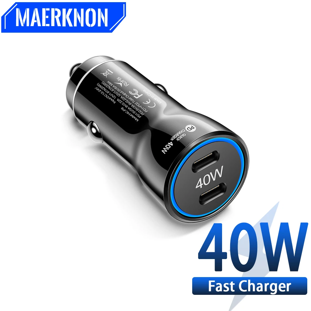 PD Car Charger Dual Ports 40W Type C Quick Charge 3.0 Super Fast Charging Car Charger Adapter For iPhone Huawei Xiaomi Samsung