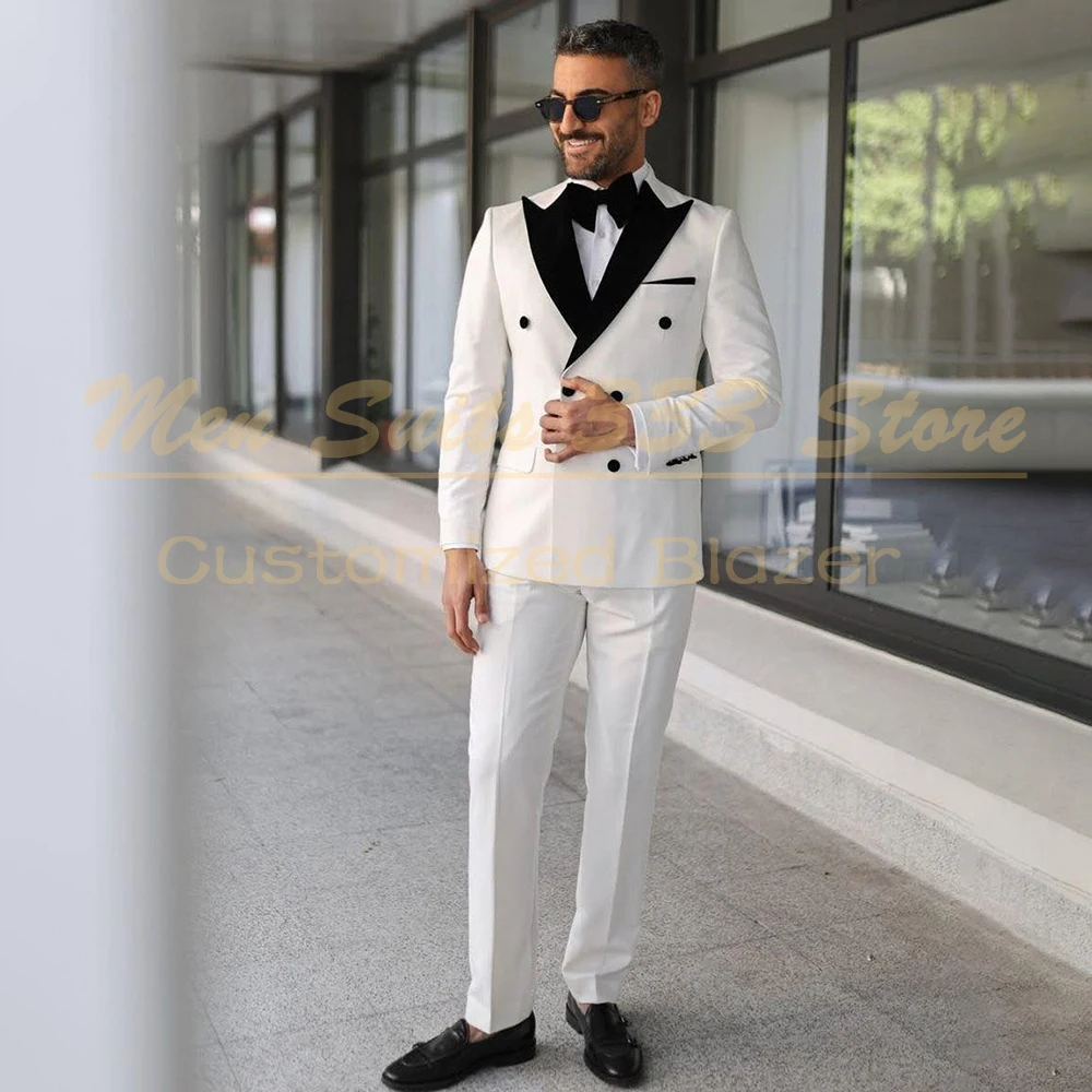 

Элегантные белые мужские костюмы, роскошные двубортные черные пиковые лацканы, комплект из двух предметов, куртка, брюки, комплекты мужской одежды высокого качества