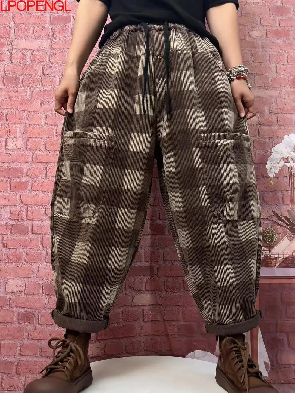 Autumn New Corduroy Patchwork Lattice Oversized Straight Harem Pants Woman Drawstring Streetwear Pocket Ankle-length Trousers