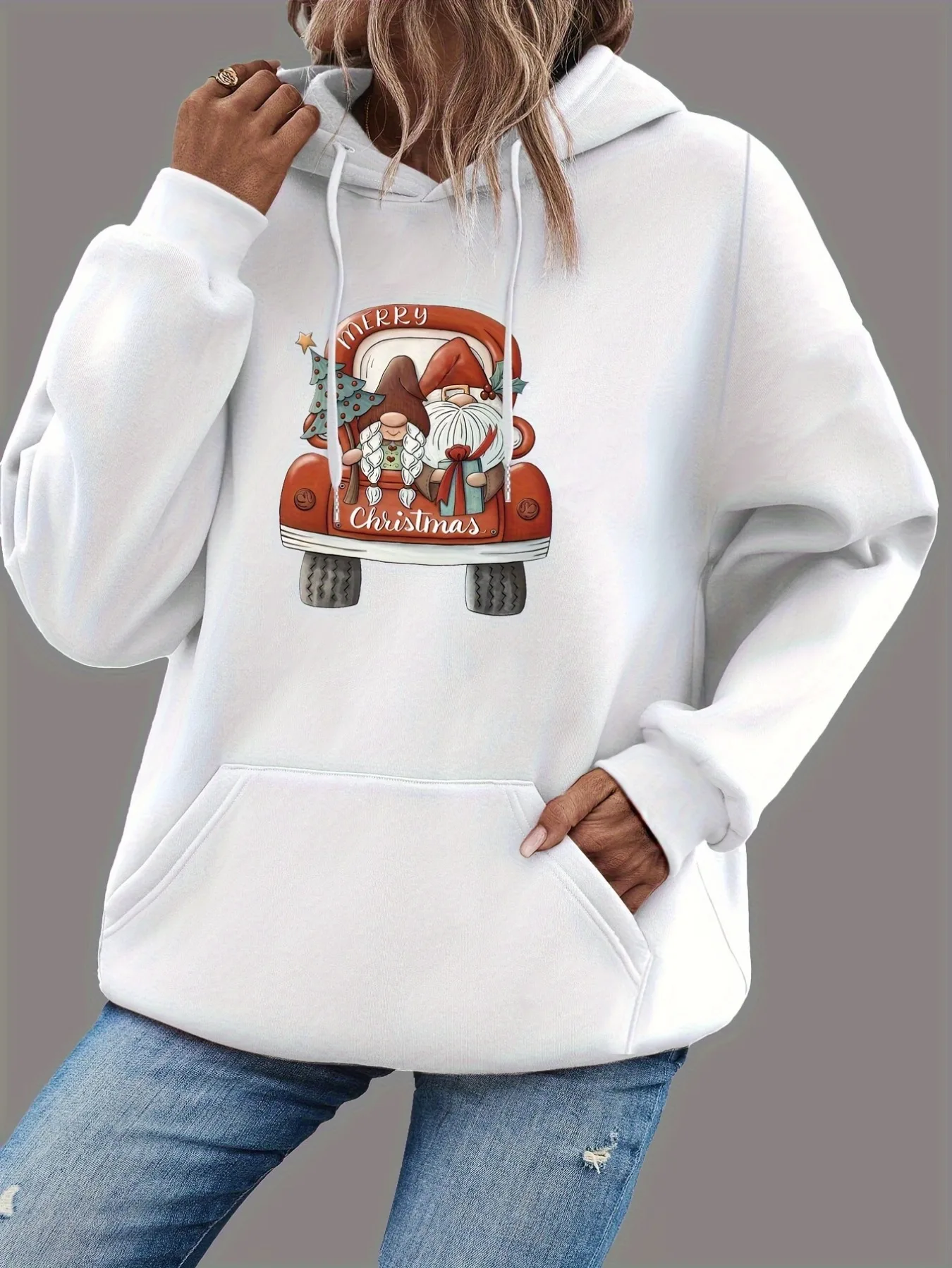 Christmas Printed Drawstring Hoodie, Casual Long Sleeve Kangaroo Pocket Hoodie Sweatshirt for men and women