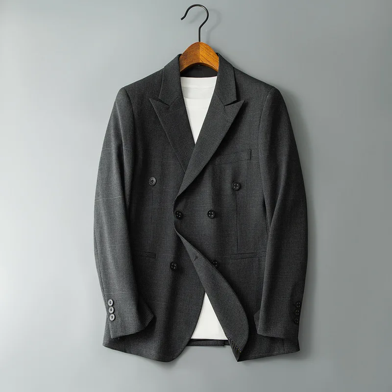 Men's Autumn-Winter Korean-Style Double-Breasted Blazer, Plaid-Pattern Lapel-Collar Loose-Fit Business-Casual Formal Outerwear