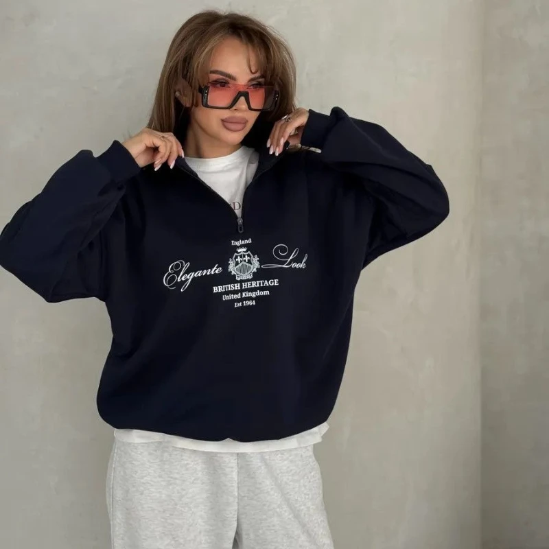 Vintage British Style  Lapel Shirts Zipper Turn-down Collar Sweatshirt Loose Leisure Autumn Elegant Women Large Size Streetwear