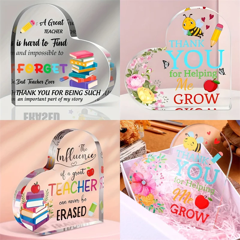 【1PC Acrylic Heart Plaque Best Teacher Ever Thank You Paperweight Keepsake Teacher's Day Gifts For Teacher Anniversary】