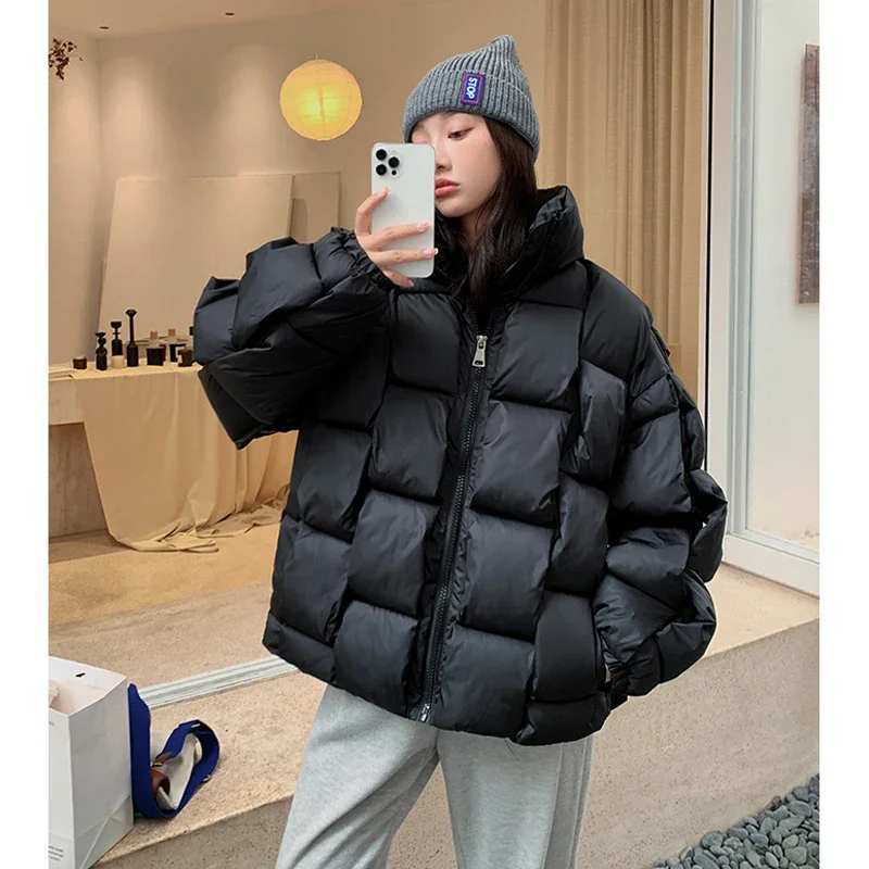 2024 Winter Mode Frauen Parkas Warme Unten Baumwolle Kurze Jacke Dick Gestrickte Lose Puffer Mantel Stehkragen Weibliche Outwear Mäntel