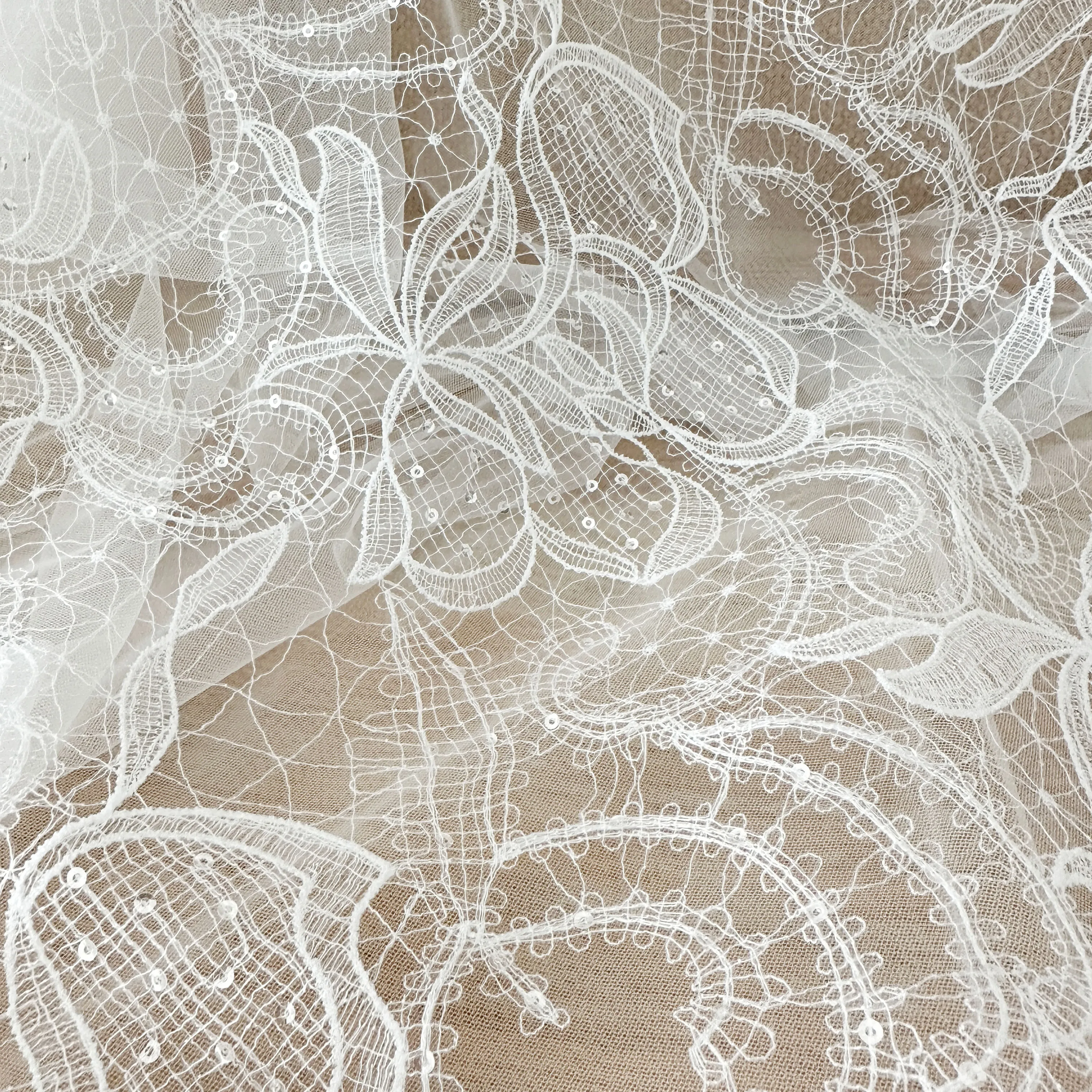 1 Yard Ivory Exquisite Alencon Lace Fabric with Sequins Crochet Floral Embroidery Fabric for Wedding Gown, Lace Caps