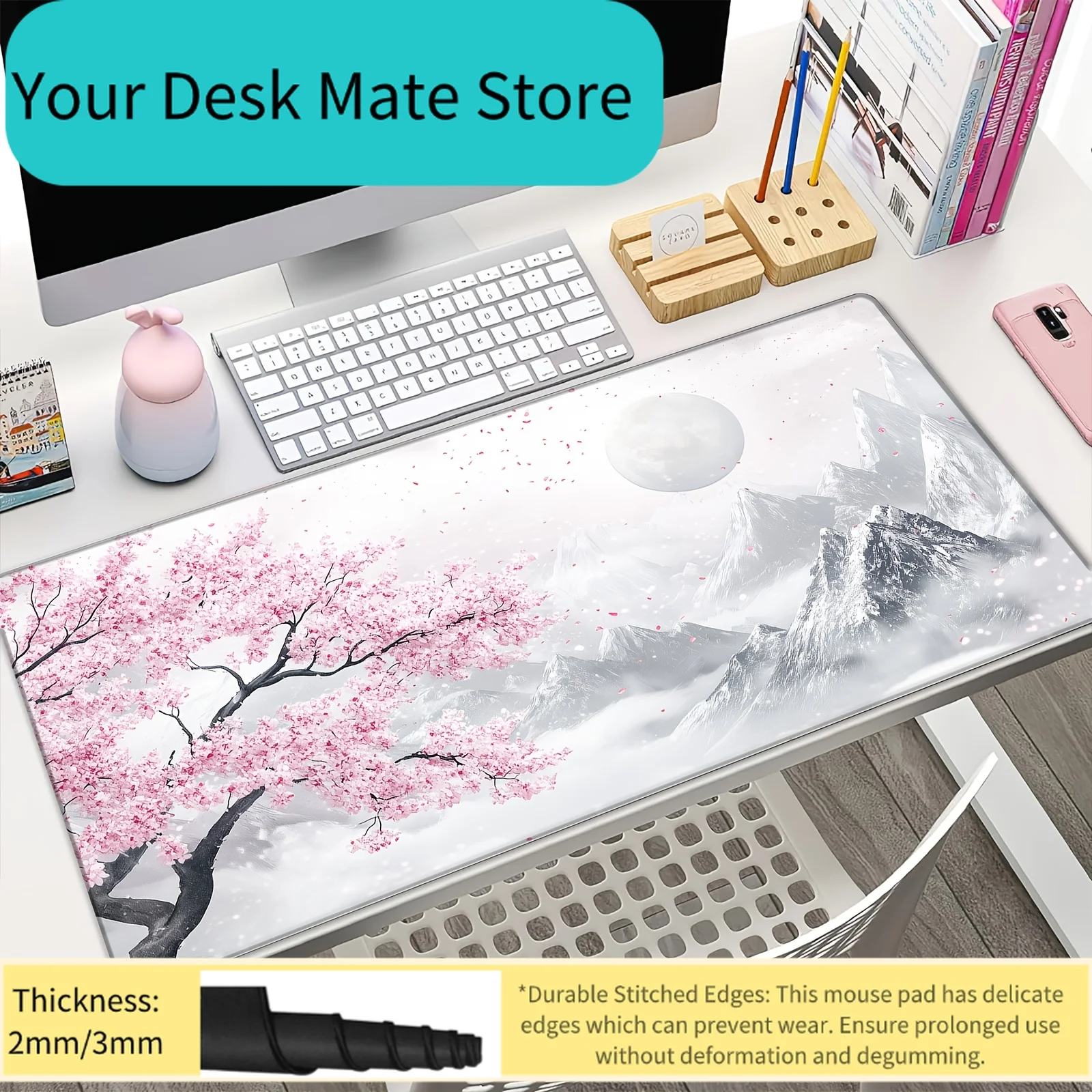 Cherry Blossom Mountain Moon Gaming-Mauspad, wasserdichte, rutschfeste Schreibtischunterlage