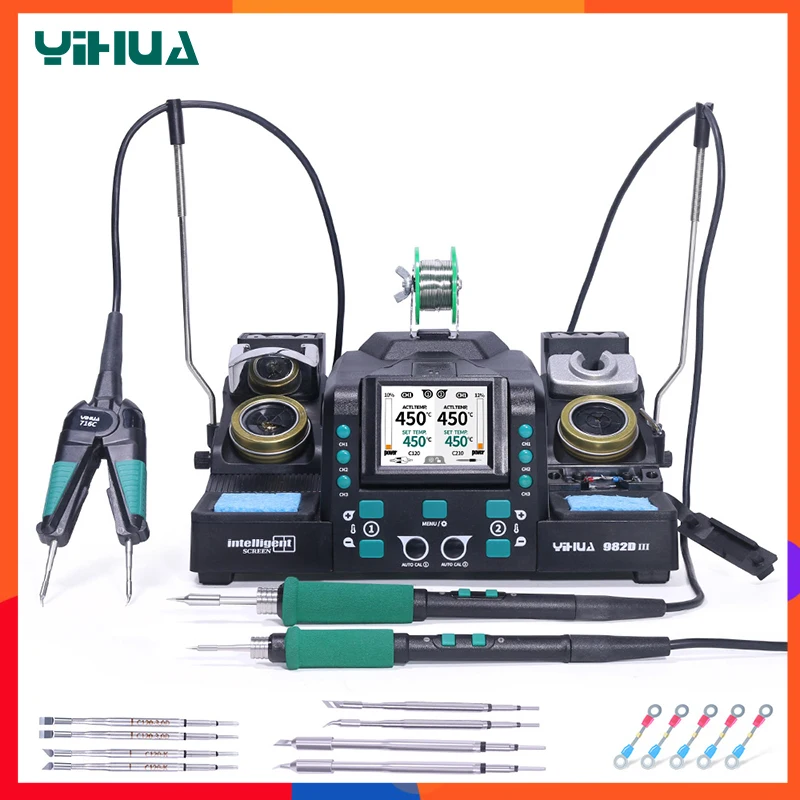 

Прецизионная паяльная станция 2 в-1 C210/C245 и C120 Горячий пинцет Одновременная автоматическая калибровка Наклонный дисплей Безопасность от электростатического разряда YIHUA 982D‐III