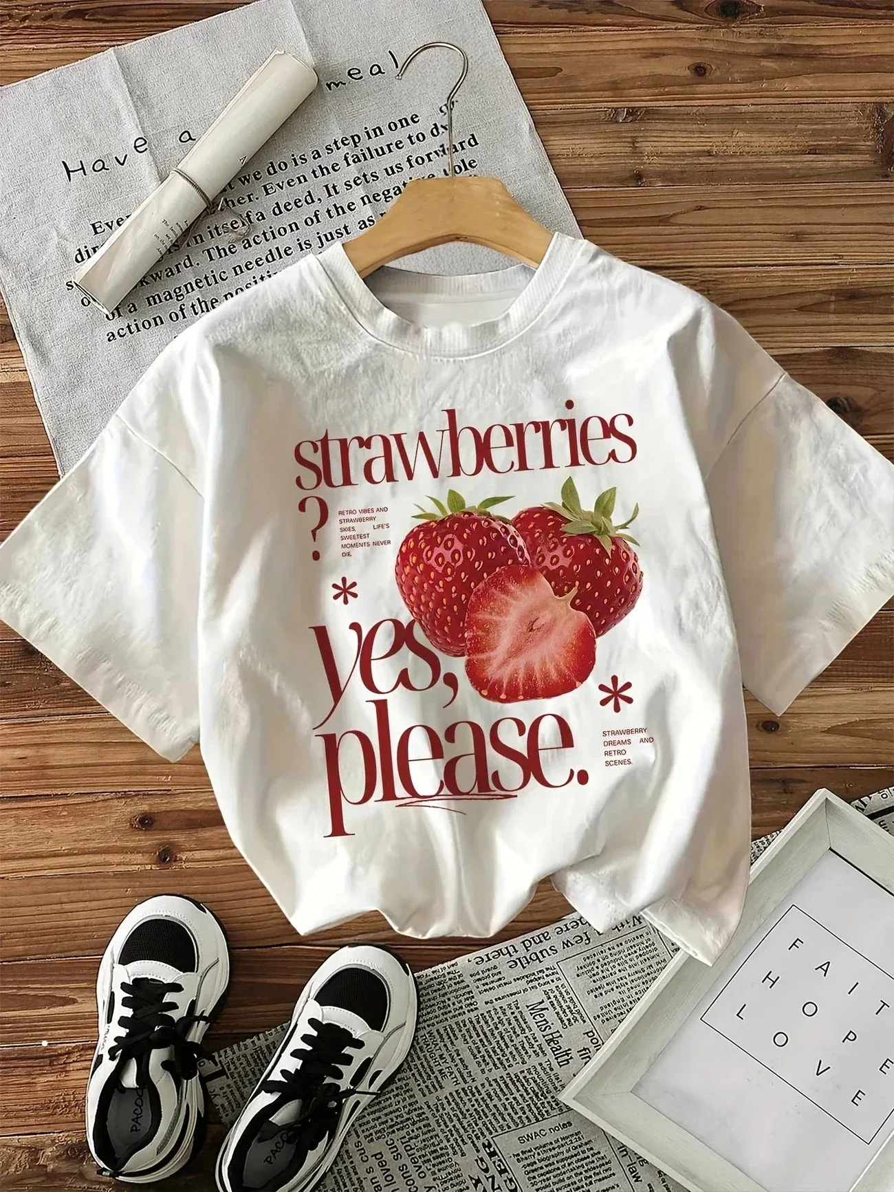 Women Strawberry Print T-Shirt Summer Cotton Short Sleeve Tee 