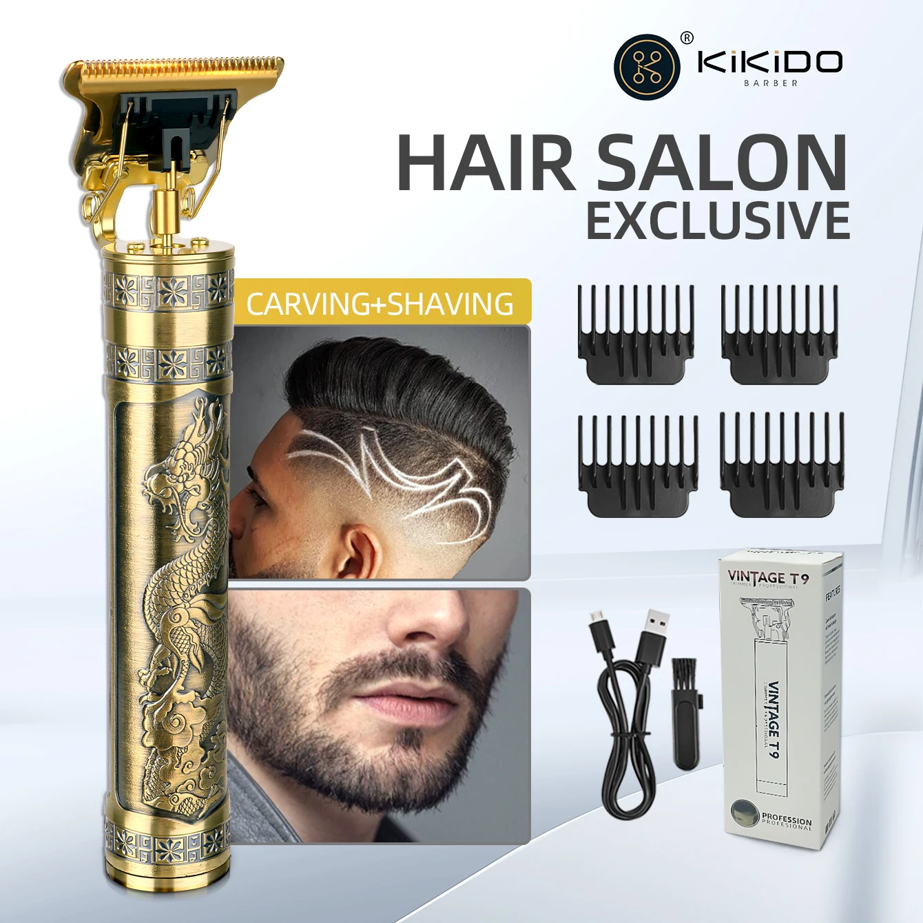 Vintage T9 KiKiDO Professional Cordless Gold Hair Trimmer Salon Barber Clipper Set Rechargeable Precision Carving Shaving Tool